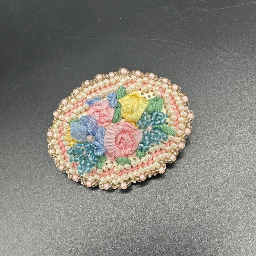 Vintage Brooch Pin Handmade Beaded Floral Ribbon Roses Pastel Oval Cottagecore